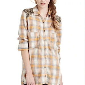 Free People Little Bit Of Sugar Plaid Button-Up Tunic Shirt Size Small